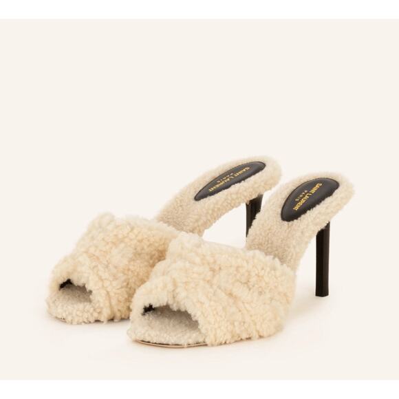Saint Laurent Tribute 85 38.5/US 8.5 Shearling Sandals Natural Stiletto Heel NIB - Picture 1 of 12